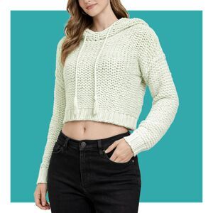 Free People Mint Green Chunky Knit Chenille Relaxed Fit Cropped Hoodie